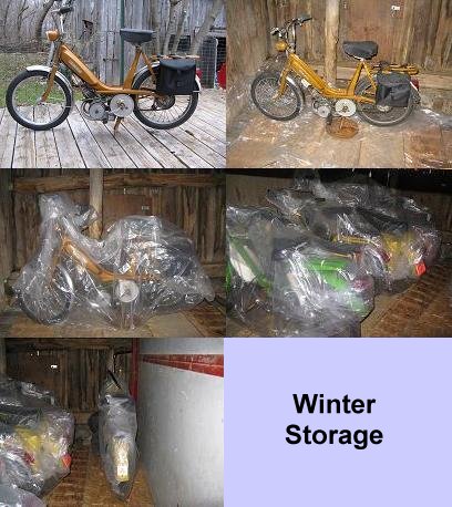 A sequence of five pictures showing mopeds being prepared for winter storage