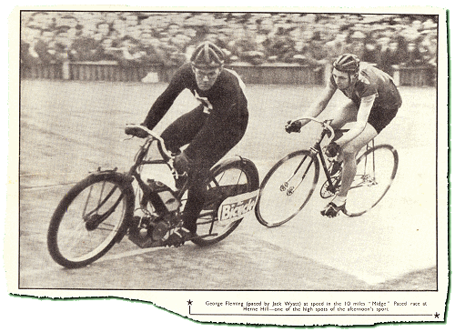 Jack Wyatt rides the ‘Midge’, pacing George Fleming at Herne Hill on Good Friday 1939