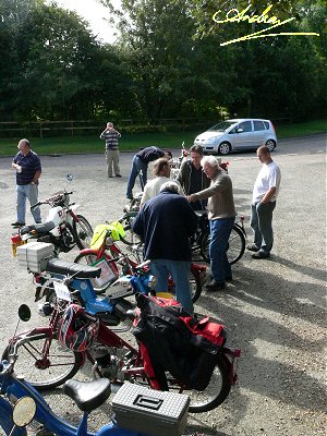 Mopeds outside Thurleigh Village Hall